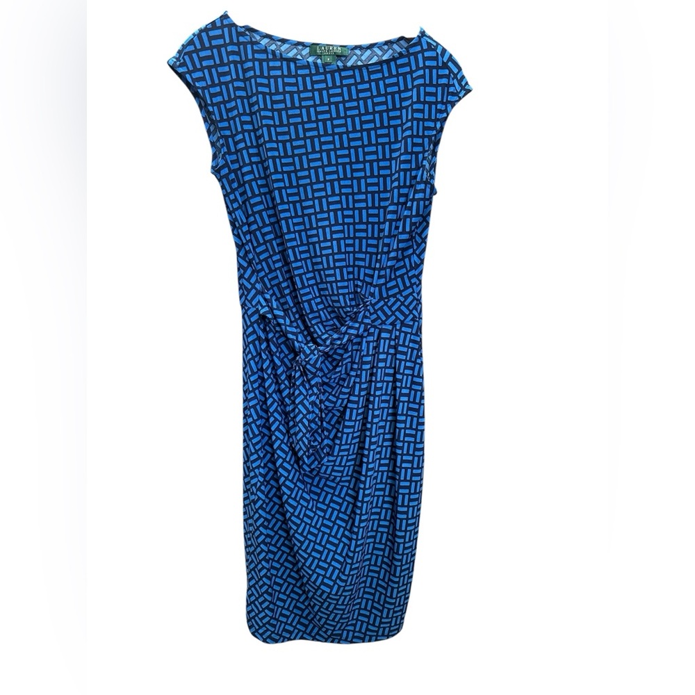 Ralph Lauren Women Midi Sleeveless Summer Blue Geometric with Belt Dress Size 8‎